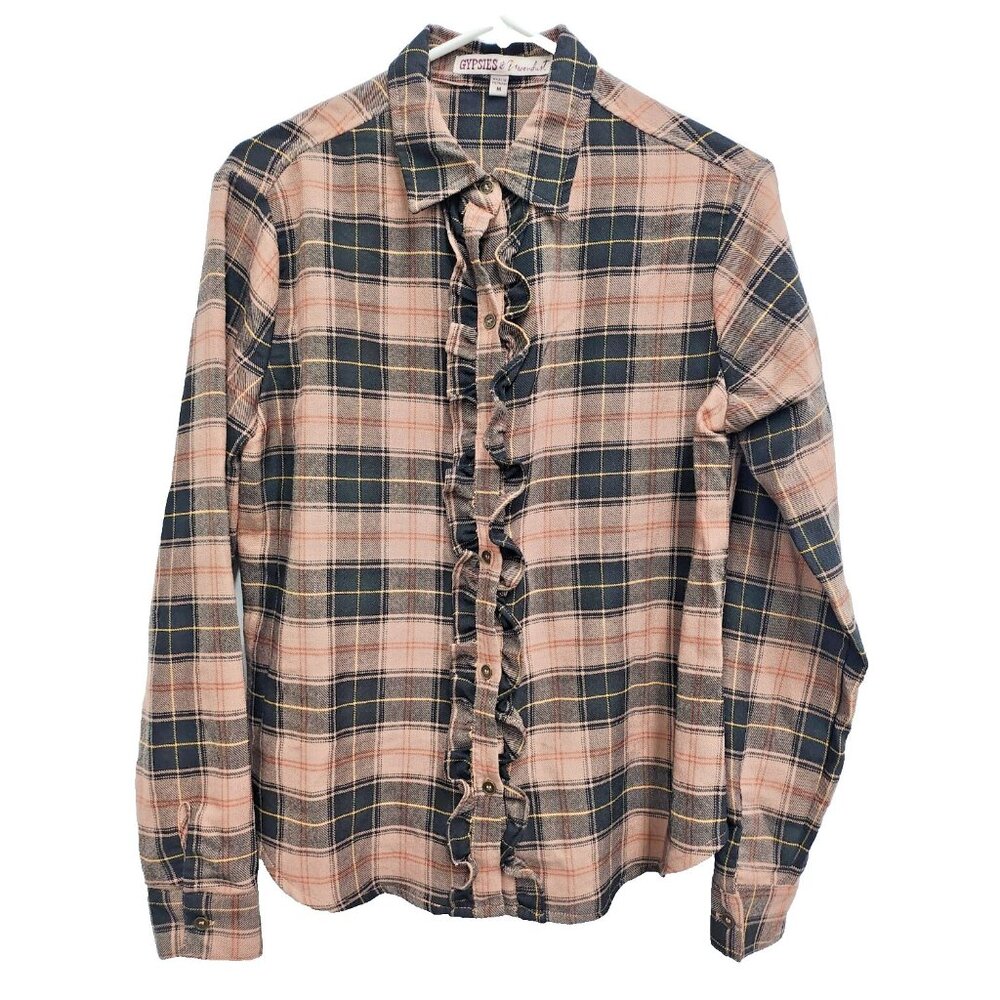 Gypsies & Moondust Womens Shirt Medium Pink Plaid Ruffle Up Long Sleeve Preppy